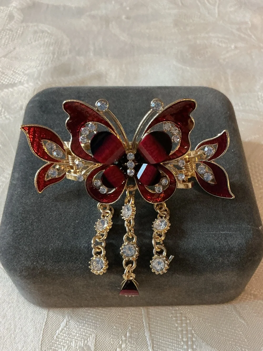 Red Enamel and Rhinestone Butterfly Gold Tone Dangle Hair Barrette